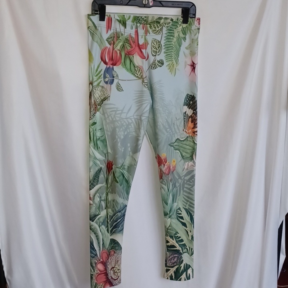 Art Of Where Leggings, Sz L, Tropical Floral, Butterflies, 30" Waist, 30" Inseam